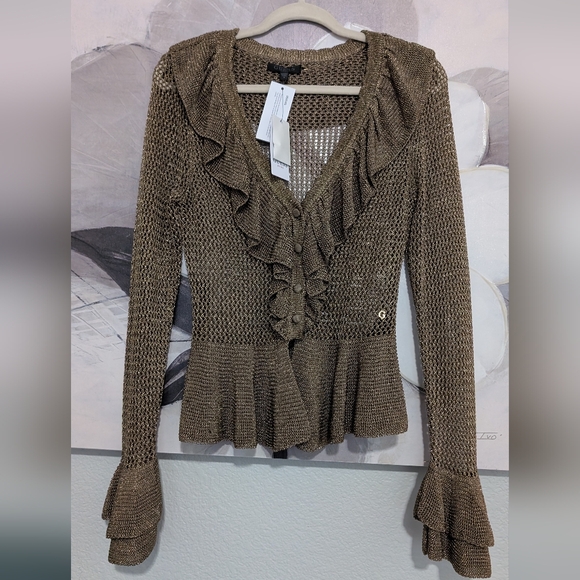 Guess Ls Savannah Lurex Ruffled Metallic Cardigan Size Medium Nwt ❤️ - Picture 4 of 9